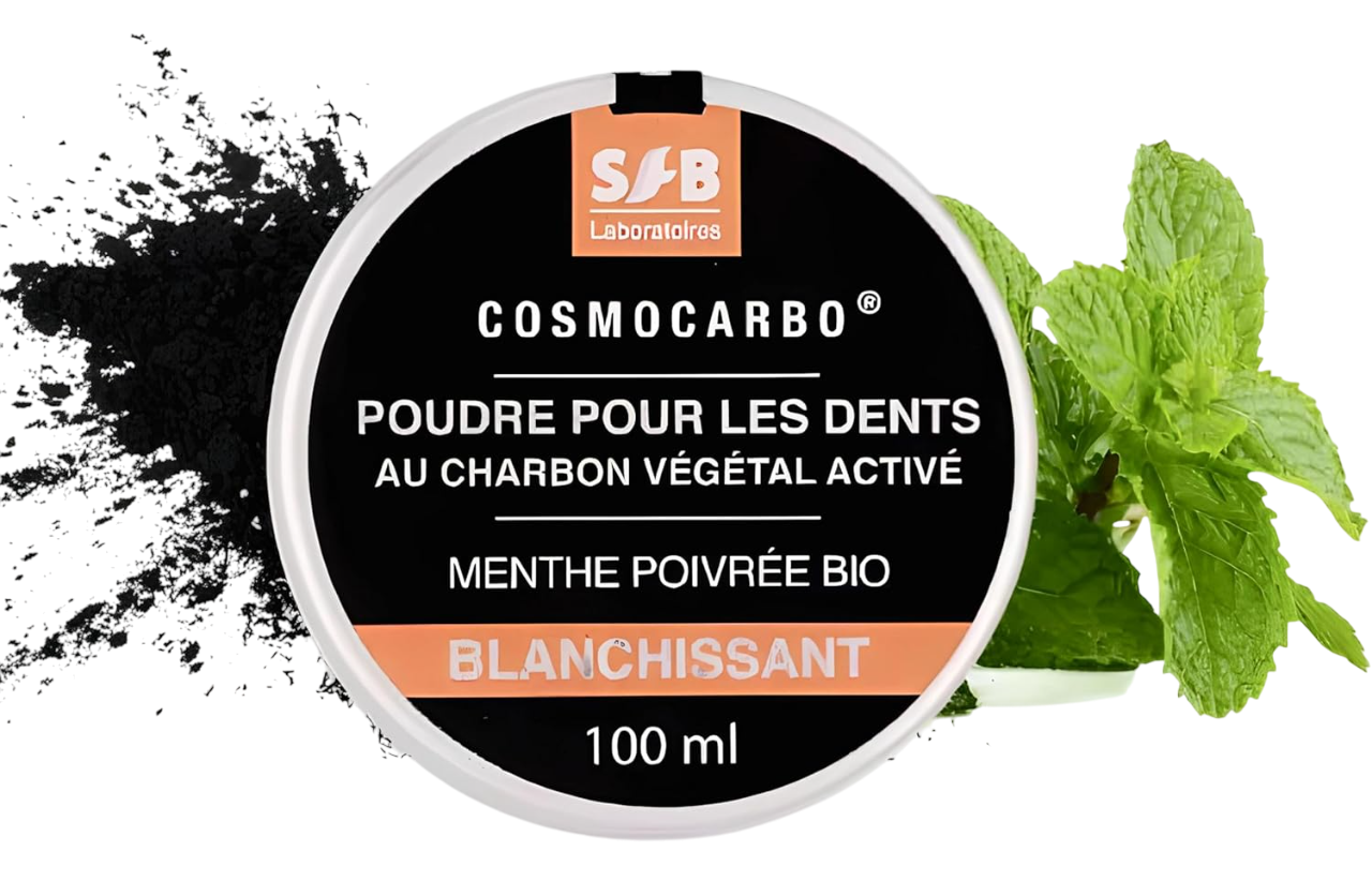 Poudre pour les dents au Charbon Végétal Activé + Huile Essentielle de Menthe Poivrée Bio