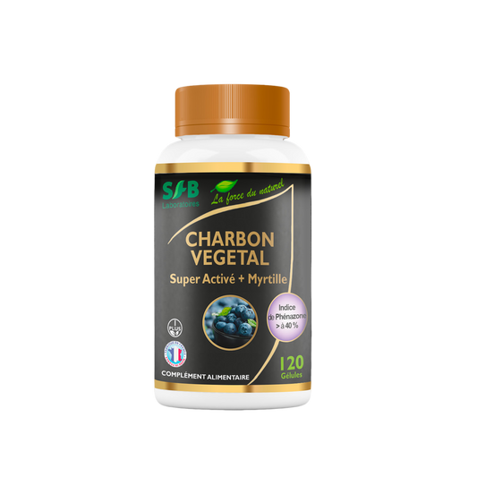 Charbon Végétal Super Activé 100% poudre + Myrtille - 120 gélules végétales