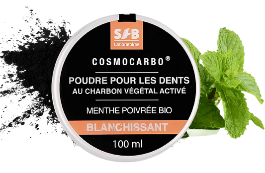 Poudre pour les dents au Charbon Végétal Activé + Huile Essentielle de Menthe Poivrée Bio